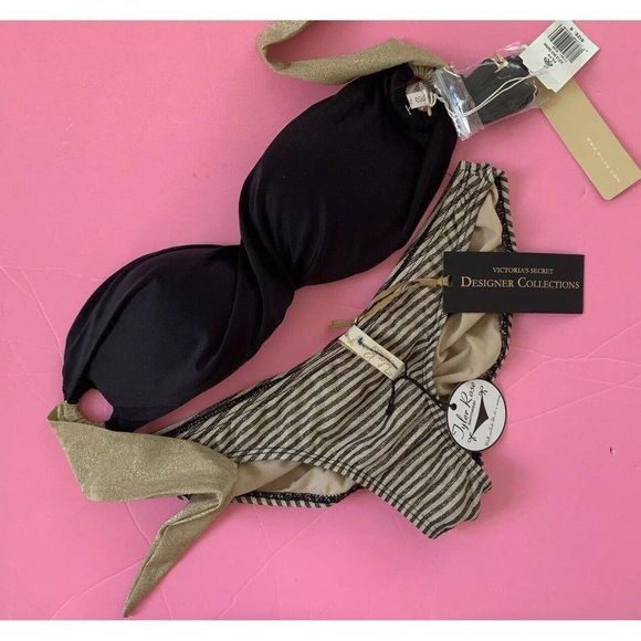 Tyler Rose, PilyQ from Barcelona Other - PilyQ Barcelona Tyler Rose S BIKINI Ula'La SWIRL bandeau top+bottom Black GOLD